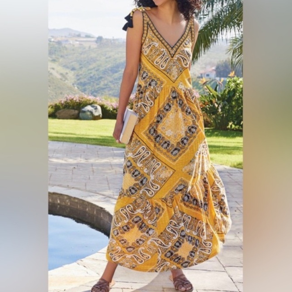 Soft Surroundings LARGE Indha Maxi Dress Yellow Embroidered Beads Boho - Picture 1 of 12